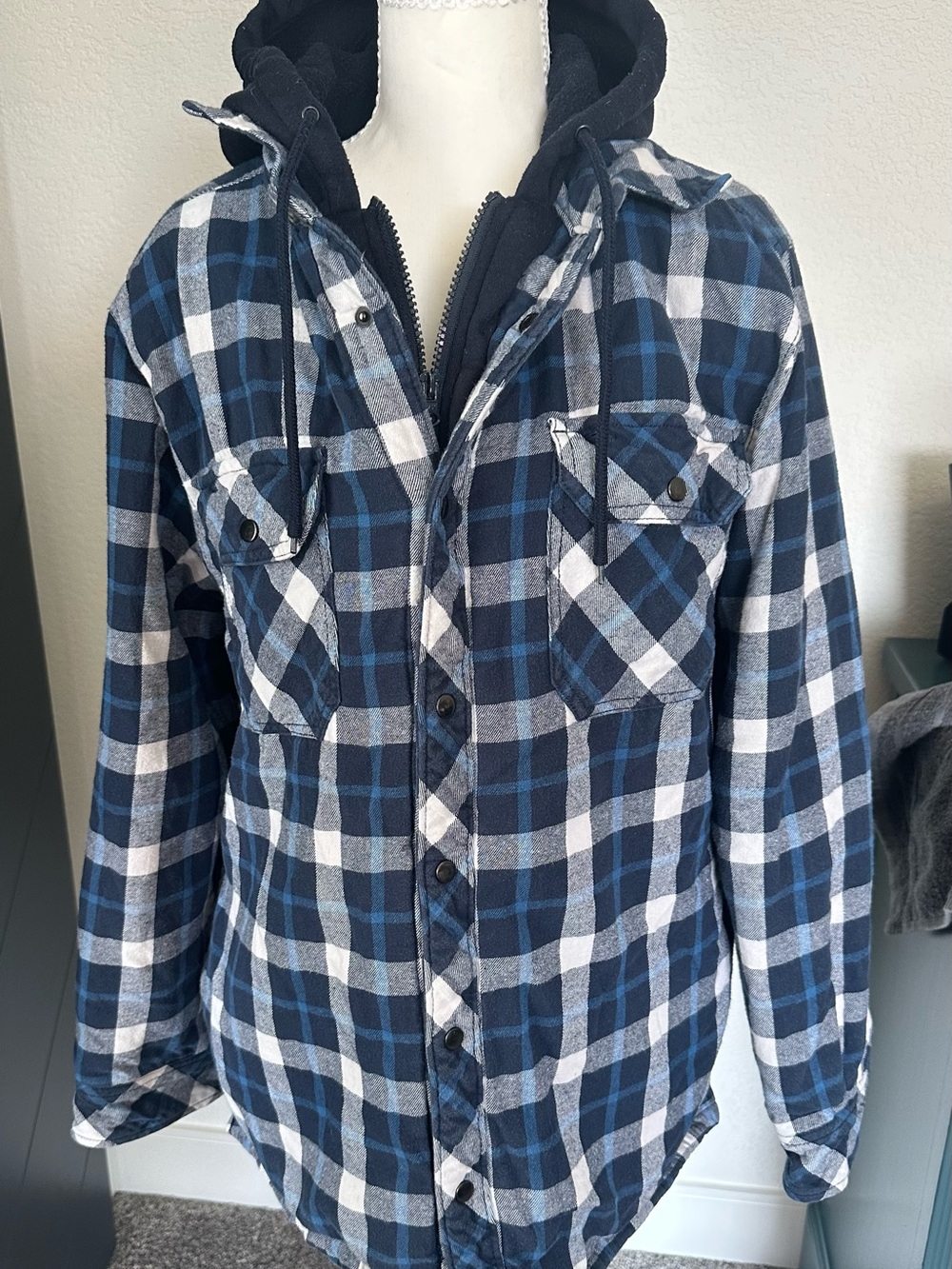 Boston Traders Navy and White Plaid Hooded Shirt Jacket